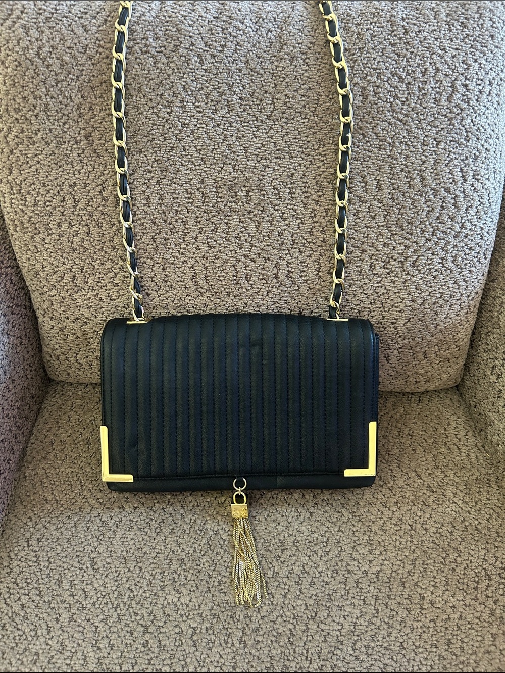 bebe Black Quilted Crossbody with Gold Chain & Tassel